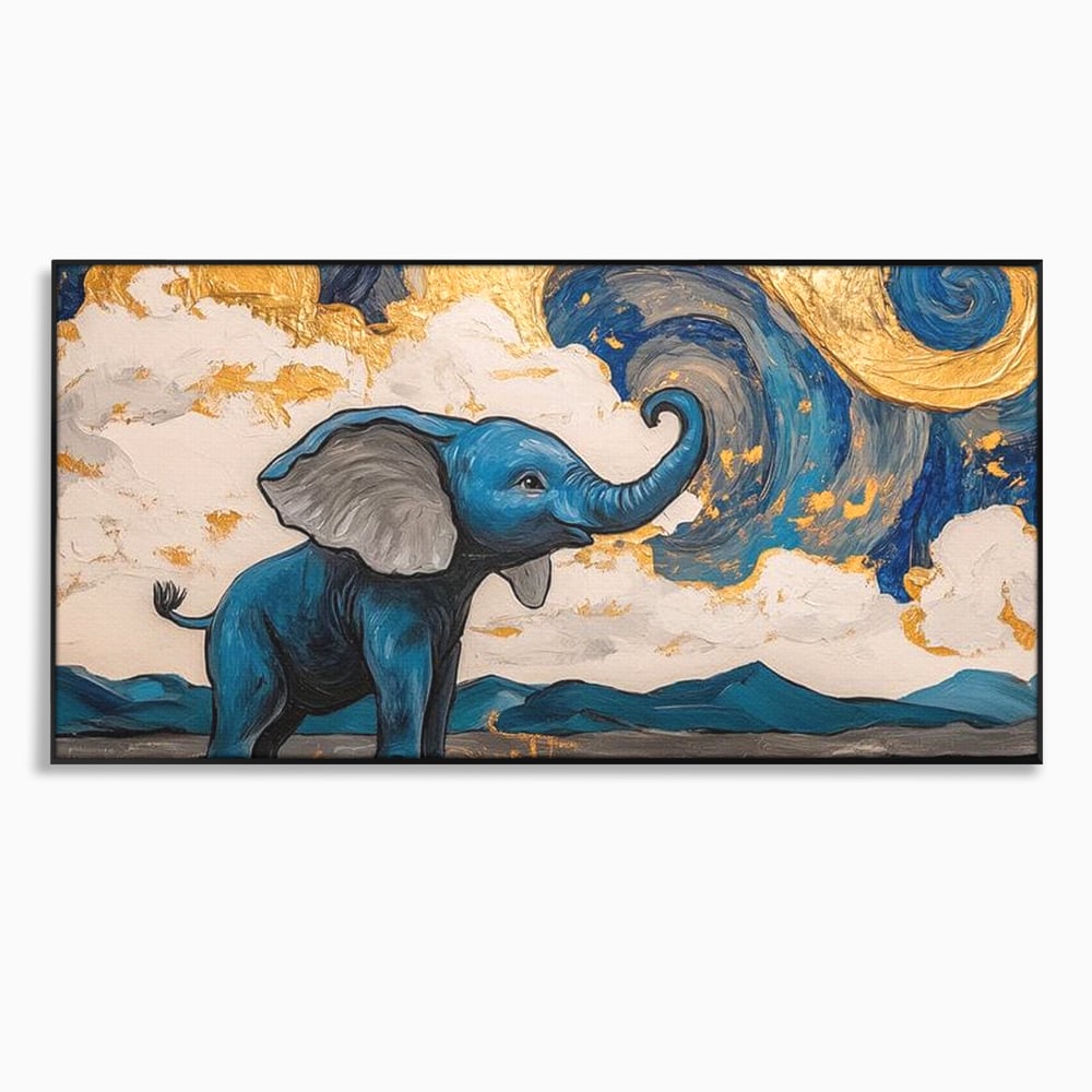 Tablou canvas cu tablou canvas cu elefant albastru, in rama de aluminiu negru
